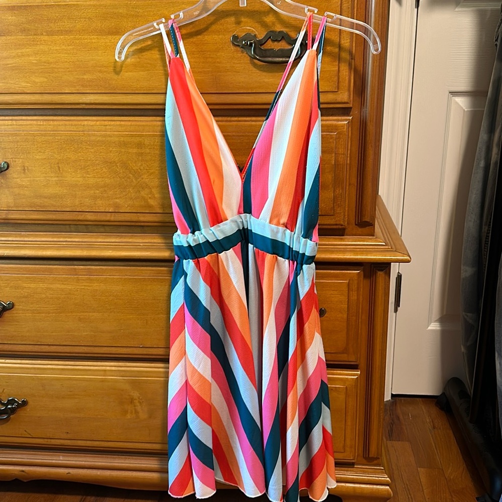V-neck backless colorful, striped summer dress
